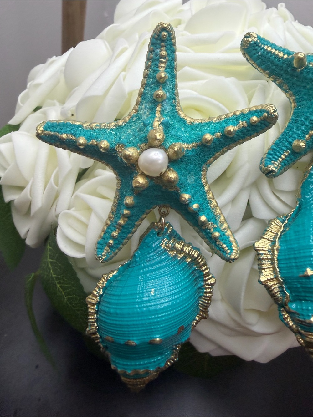 Turquoise Starfish & Shell Statement Earrings - Picture 2 of 8